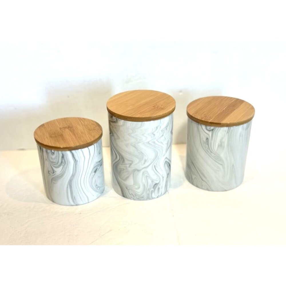 Set Of 3 Faux Marble Ceramic Canisters With Bamboo Lids By Elle Decor